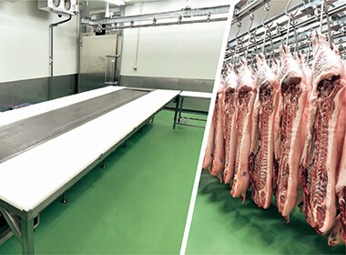 守田ミートの工場内(枝肉庫)